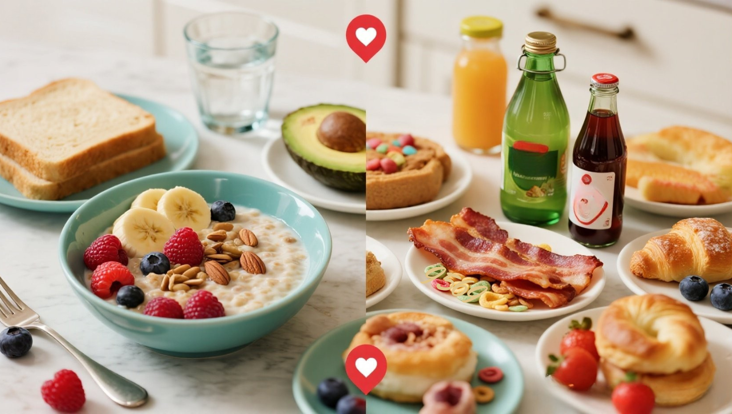 Split comparison showing unhealthy processed breakfast foods versus heart-healthy breakfast options with fresh fruits and whole grains
