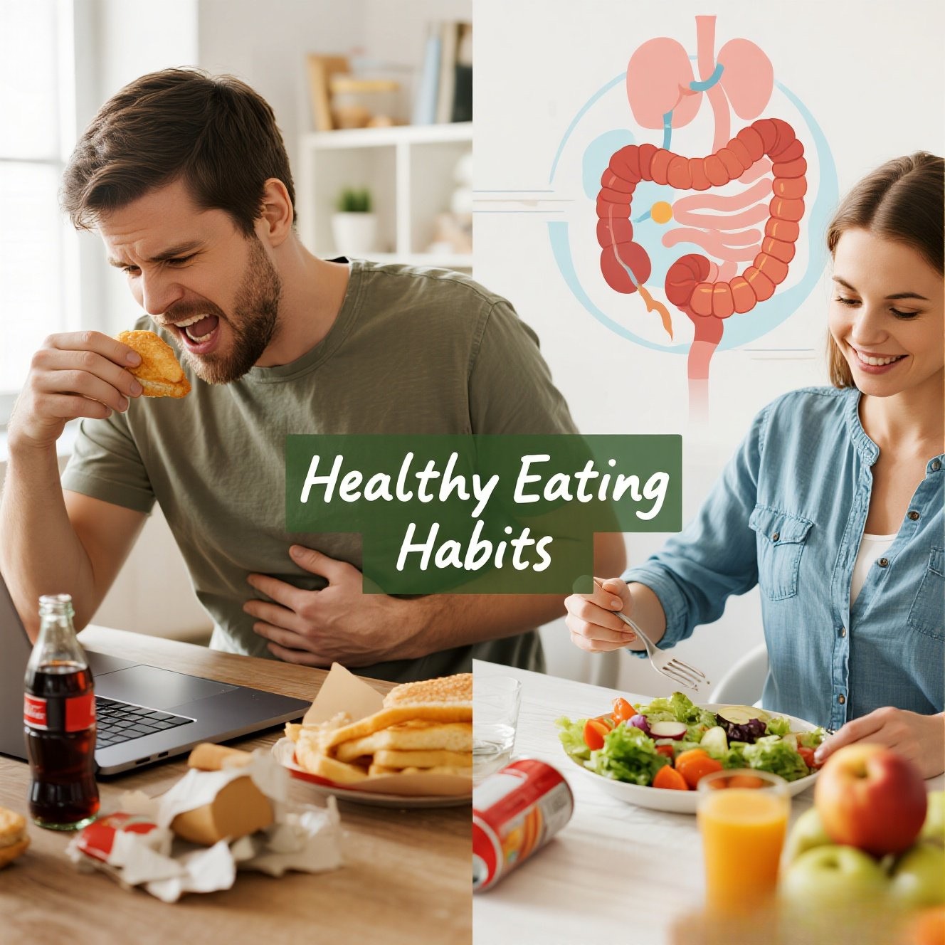 Illustration showing how modern eating habits including fast food, rushed meals, and ultra-processed foods damage stomach health and cause digestive problems