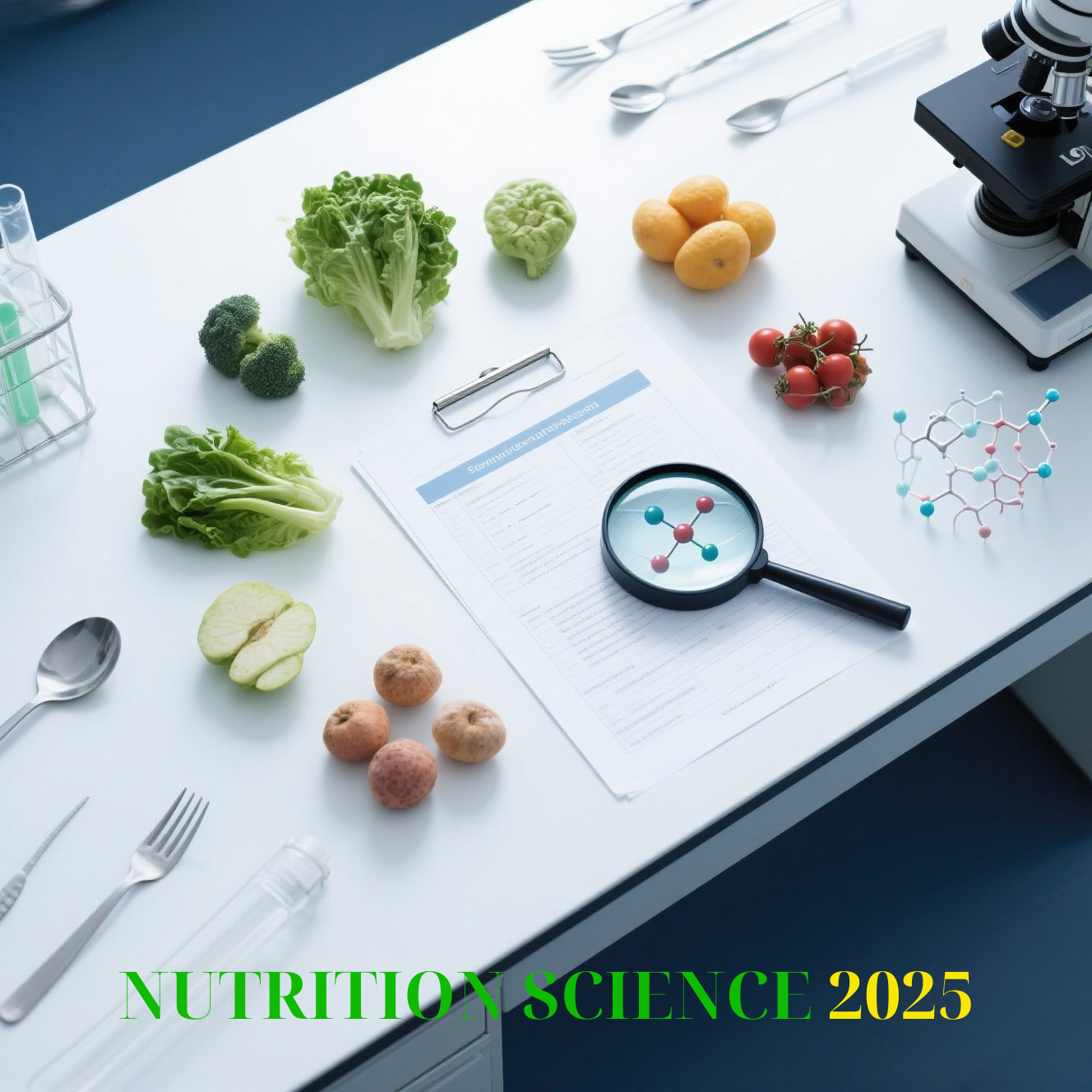 Scientific nutrition research showing healthy whole foods and molecular structures representing evidence-based eating guidelines
