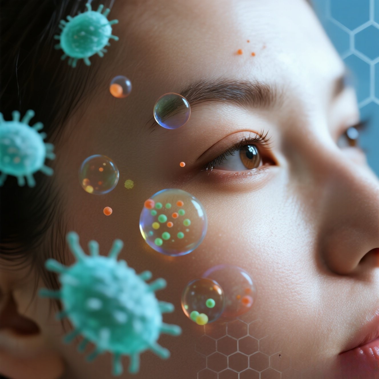 Healthy glowing facial skin with beneficial bacteria microorganisms illustrated as colorful microscopic dots representing natural beauty through skin microbiome balance