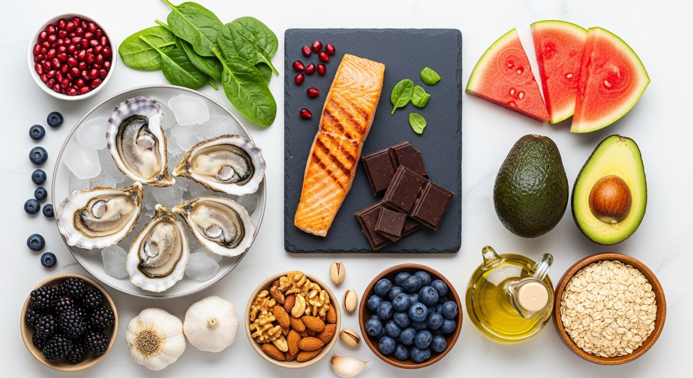 Twelve superfoods arranged on marble surface including oysters, salmon, nuts, and dark chocolate that boost testosterone and sexual health in men over 30