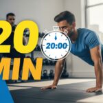 Person performing strength training exercise with 20-minute timer overlay showing efficient daily workout routine for muscle building and health benefits