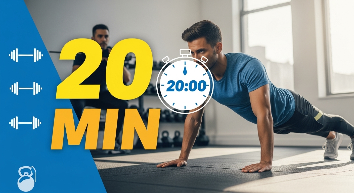 Person performing strength training exercise with 20-minute timer overlay showing efficient daily workout routine for muscle building and health benefits