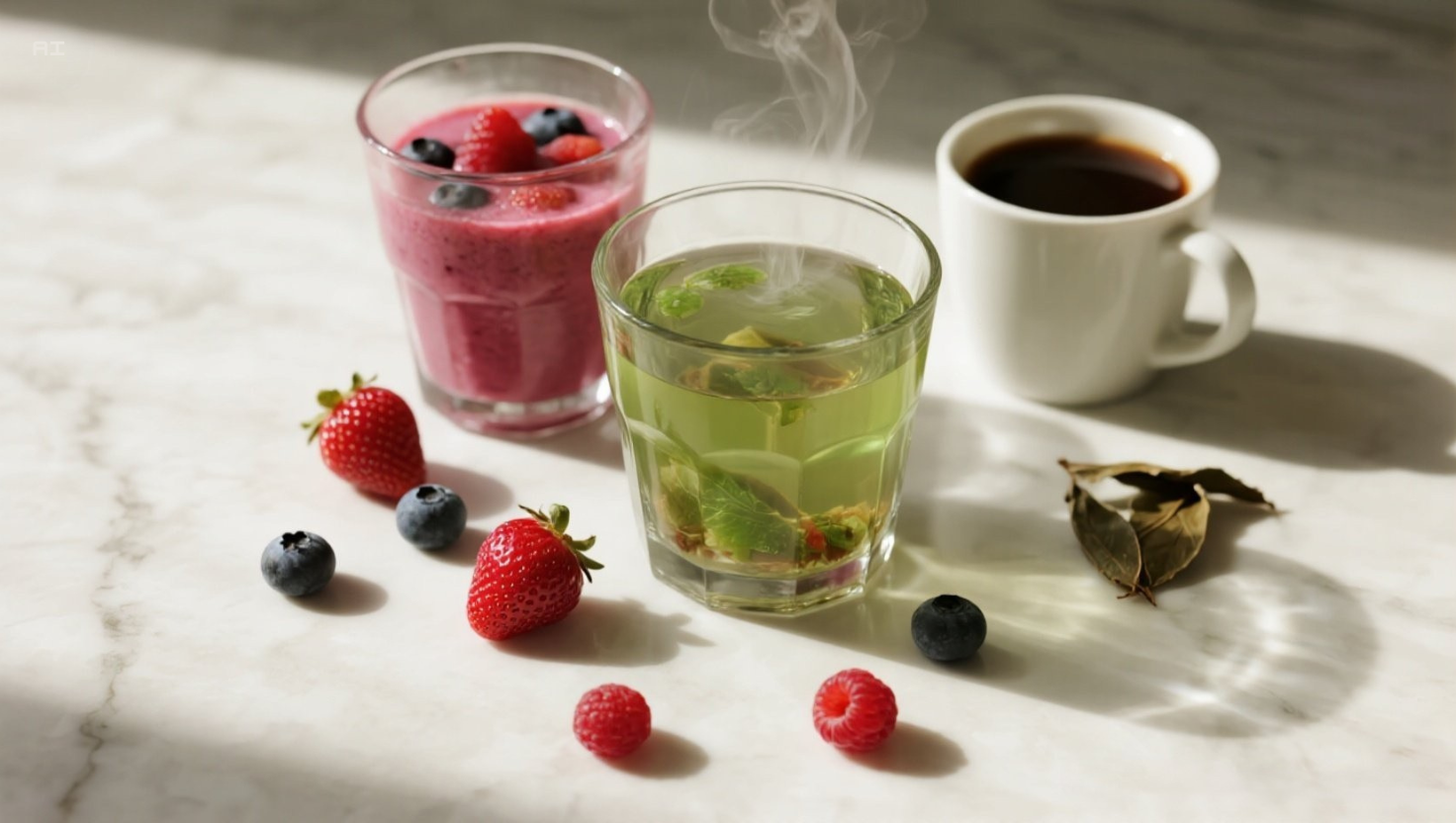 Three science-backed longevity drinks on marble counter: berry smoothie with antioxidants, green tea for heart health, and black coffee for brain protection, arranged with fresh berries and tea leaves