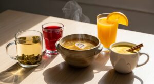 Five science-backed healthy drinks for joint and bone health displayed on wooden table including green tea, tart cherry juice, bone broth, fortified orange juice, and turmeric golden milk