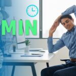 Office worker performing 5-minute desk stretches and mobility exercises to relieve back pain, neck tension, and hip tightness from prolonged sitting