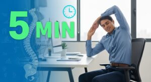 Office worker performing 5-minute desk stretches and mobility exercises to relieve back pain, neck tension, and hip tightness from prolonged sitting