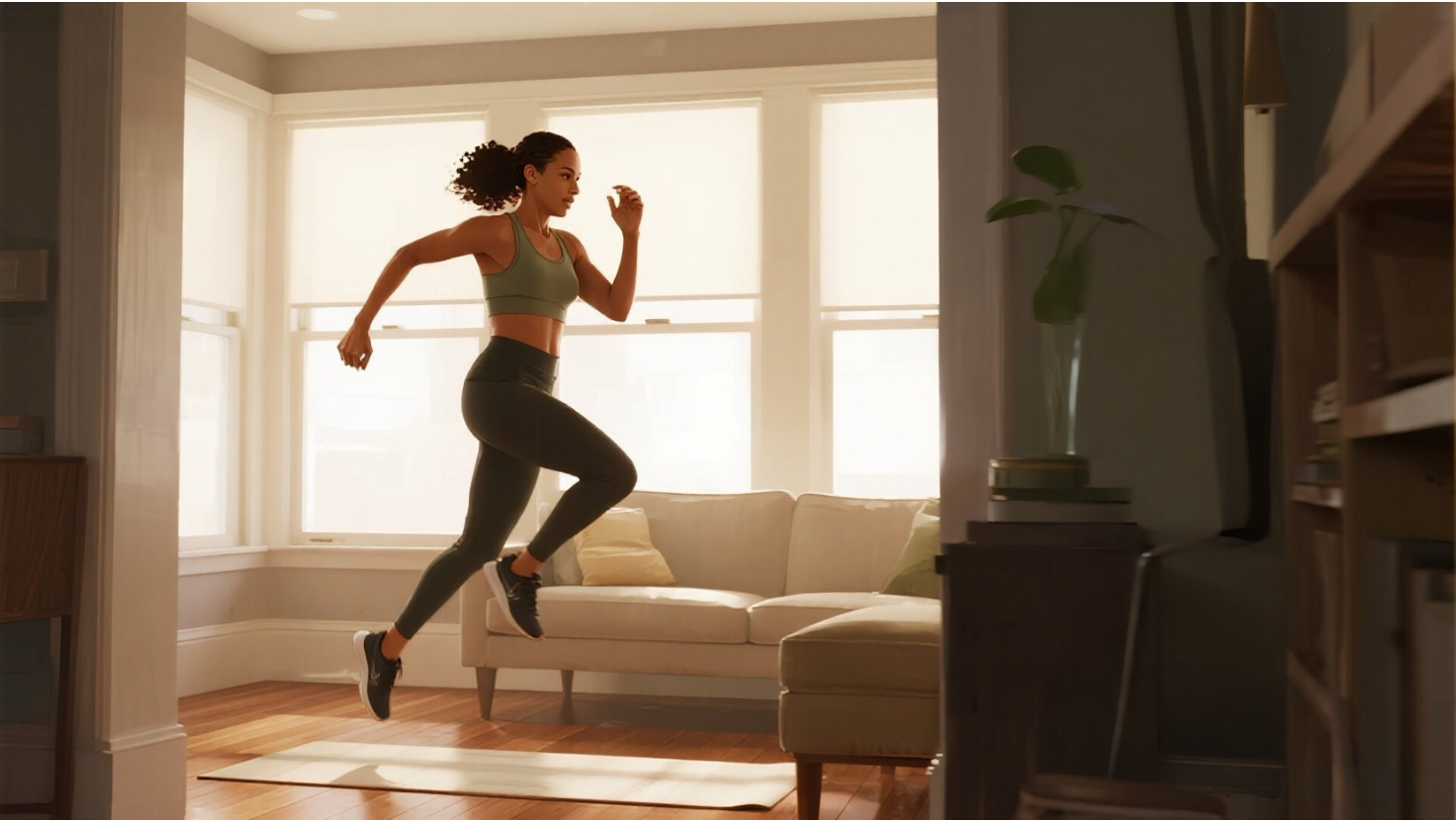 Woman performing jumping jacks during 7-minute HIIT workout in bright home living room with hardwood floors