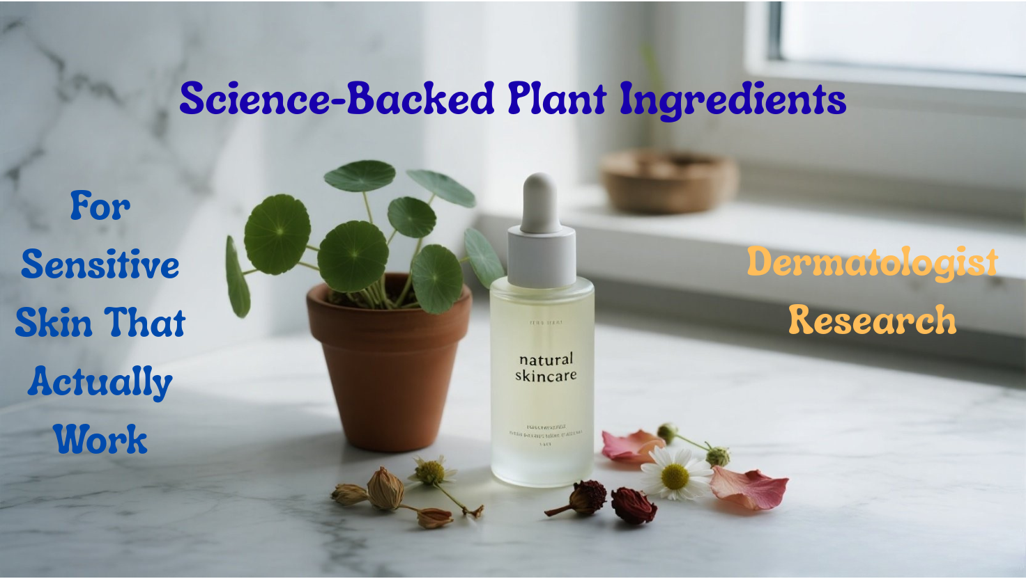 Natural skincare ingredients including Centella asiatica plant and vitamin C serum bottles arranged on white marble surface for sensitive skin care routine