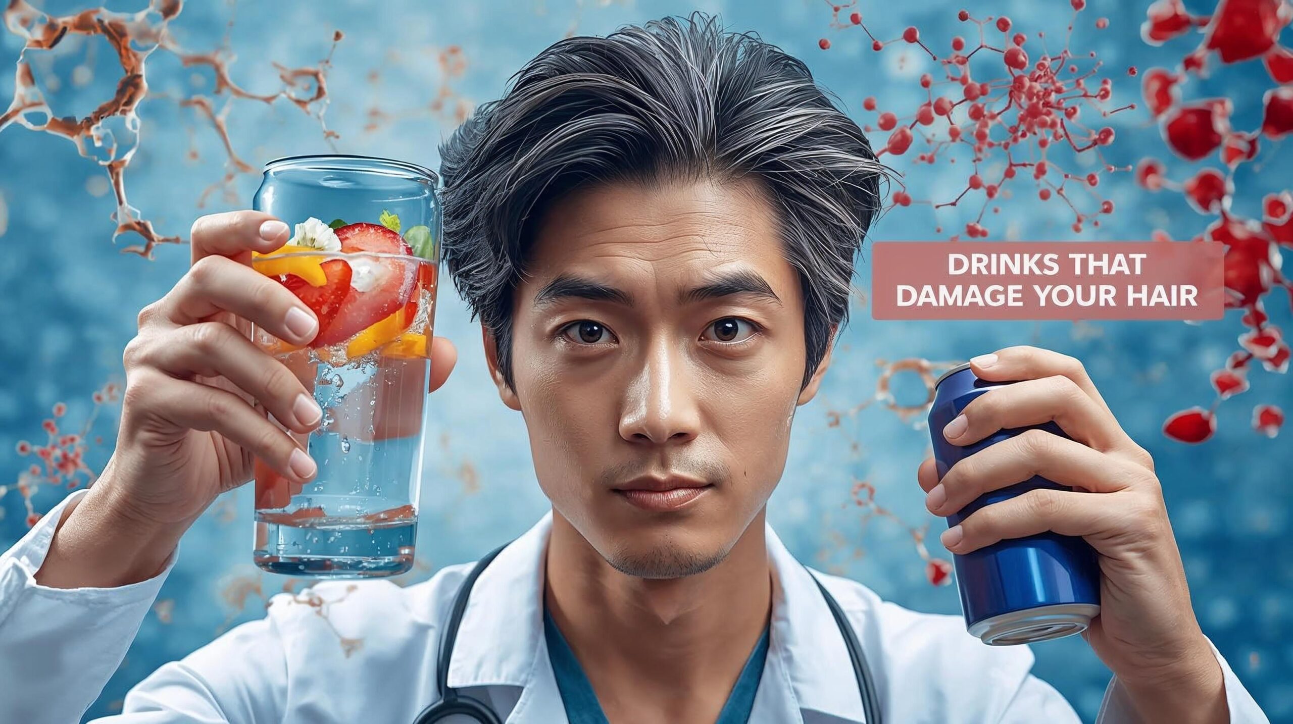 Split comparison showing healthy hair next to water and damaged thinning gray hair next to sugary drinks and alcohol bottles