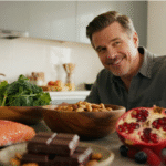 Healthy man in his 40s with testosterone-boosting foods including salmon, dark leafy greens, nuts, berries and dark chocolate for sexual health nutrition