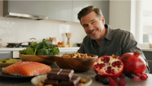 Healthy man in his 40s with testosterone-boosting foods including salmon, dark leafy greens, nuts, berries and dark chocolate for sexual health nutrition