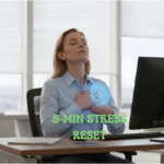 Professional woman practicing 4-7-8 breathing technique at office desk for workplace stress relief and mental clarity