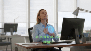 Professional woman practicing 4-7-8 breathing technique at office desk for workplace stress relief and mental clarity