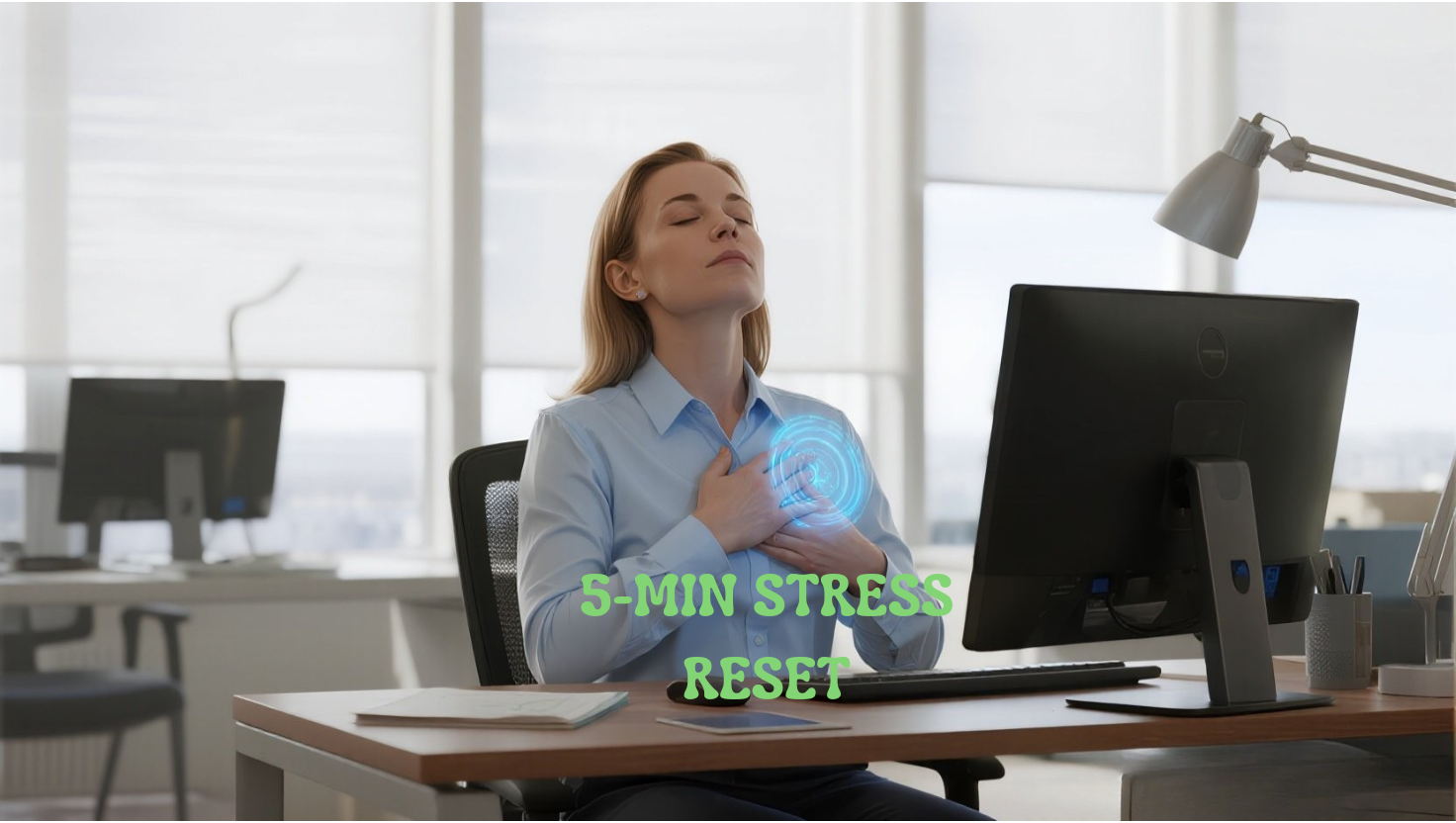 Professional woman practicing 4-7-8 breathing technique at office desk for workplace stress relief and mental clarity
