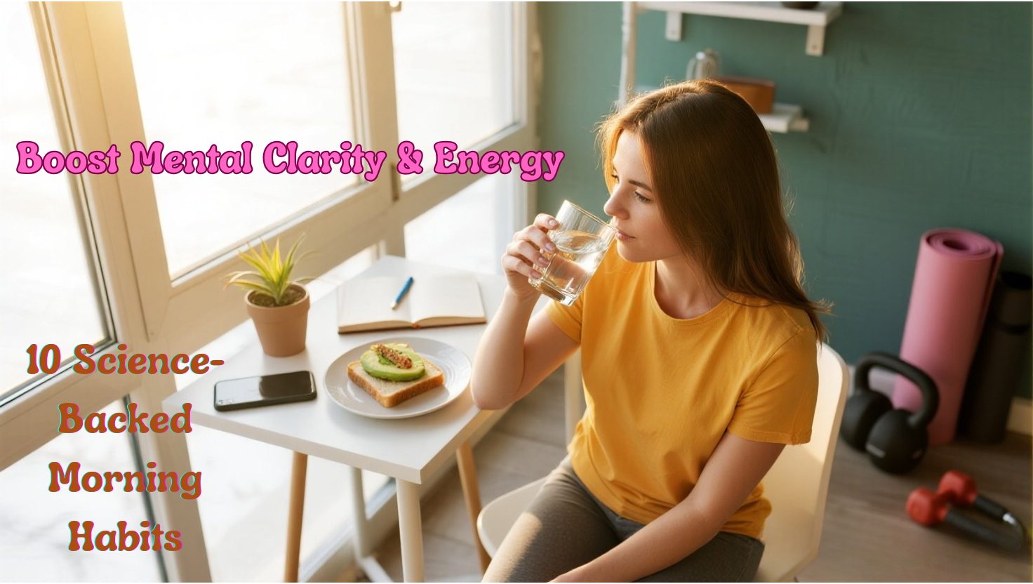 Person practicing science-backed morning habits by window with natural light, water glass, and healthy breakfast for mental clarity
