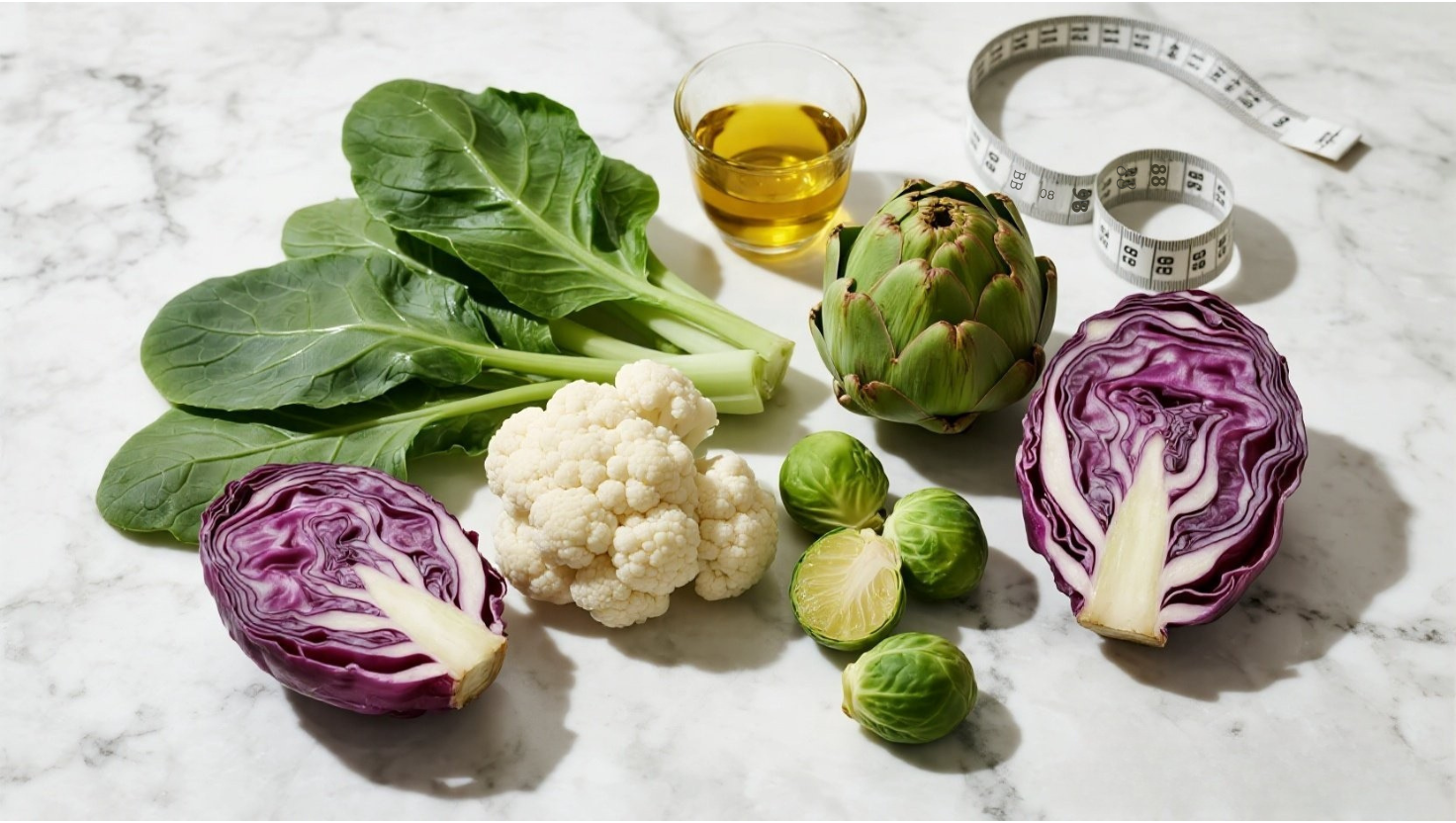 Five fresh vegetables that reduce visceral belly fat arranged on white surface: spinach leaves, cauliflower, Brussels sprouts, artichoke, and purple cabbage with measuring tape