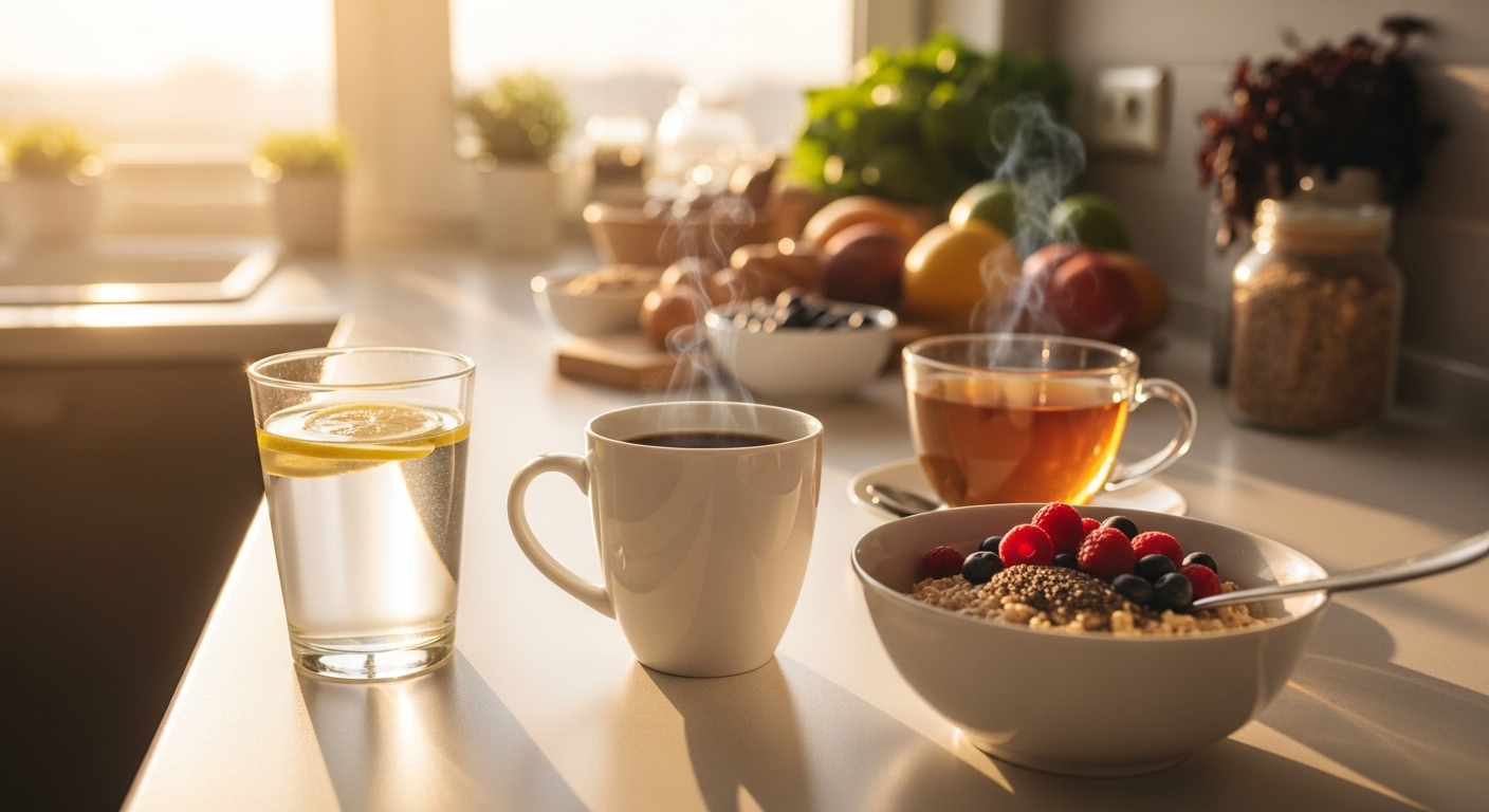 Morning wellness routine for liver and gut health showing warm lemon water, coffee, fiber-rich oatmeal with berries, and herbal tea on kitchen counter