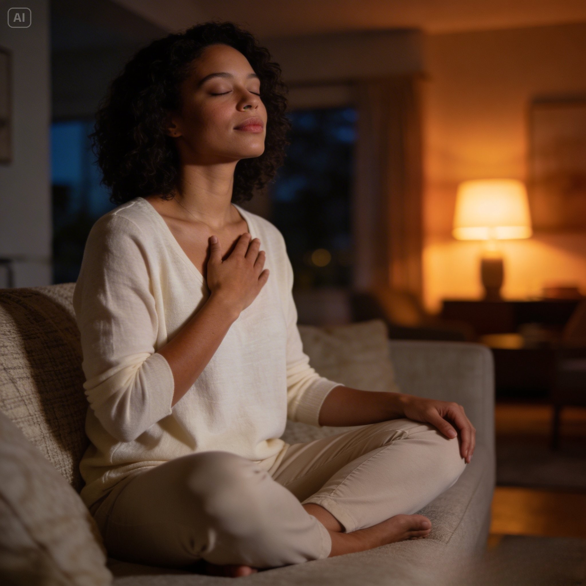 Woman sitting calmly on couch with eyes closed doing deep breathing to calm her nervous system in a softly lit modern living roo