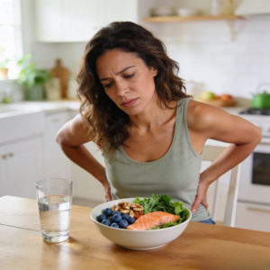 Woman showing signs of chronic inflammation with anti-inflammatory foods on table