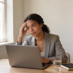 Young woman sitting at desk with unfocused expression representing brain fog and cognitive fatigue during a workday