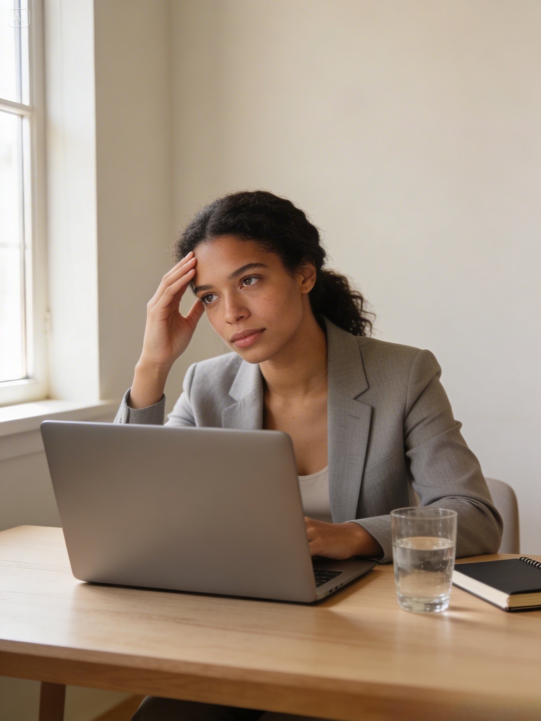 Young woman sitting at desk with unfocused expression representing brain fog and cognitive fatigue during a workday