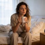 Woman sitting on bed edge looking tired in the morning despite sleeping 8 hours, holding coffee mug in soft natural light
