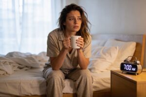 Woman sitting on bed edge looking tired in the morning despite sleeping 8 hours, holding coffee mug in soft natural light